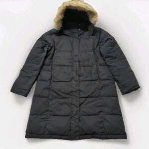 LL Bean Parka Goose Down Jacket Womens Large Removable Hood Faux Fur Quilted
